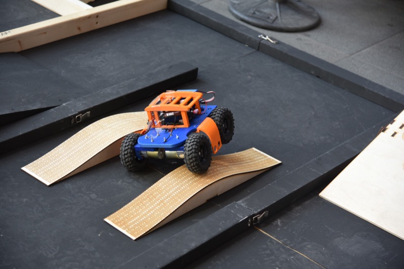 Pi-o-steer was really well built for this course. It powered through obstacles, moved aside barriers and jumped over speed bumps!