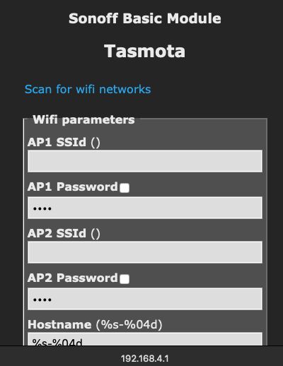 Sonoff Hotspot page for first time login